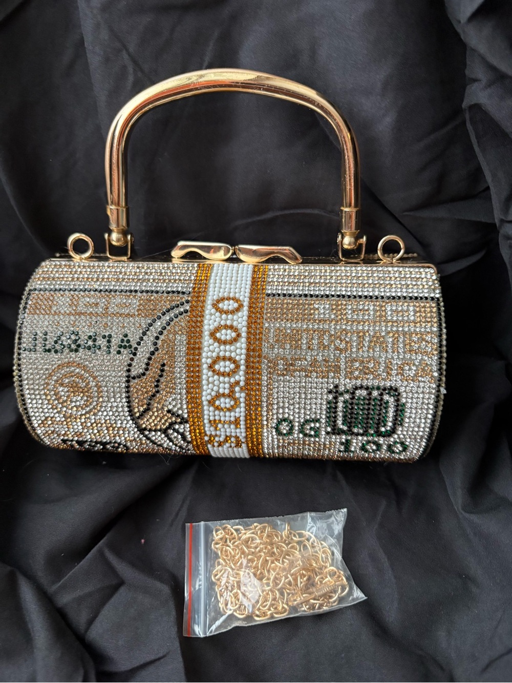 NWOT Gold Bling Full Crystal Stacked Cash Cylinder Clutch Bag with Top Handle